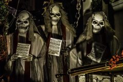 Halloween display of skeletons in a choir, New Orleans